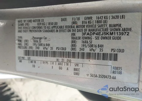 2019 Ford Fiesta Se из США, поврежденный, VIN 3FADP4EJ5KM113972